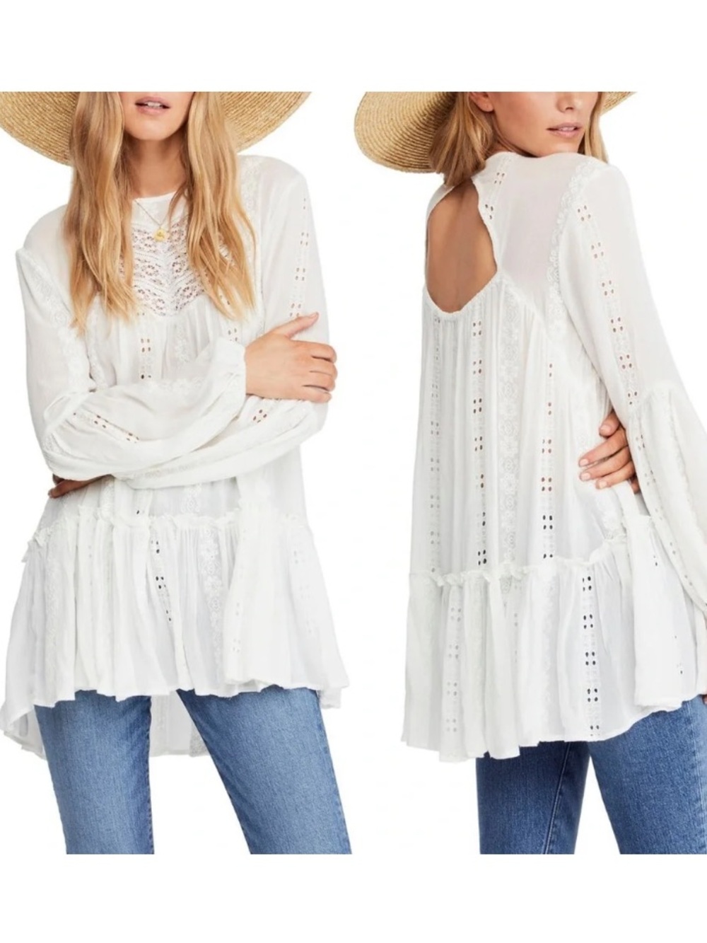 Free People Kiss Kiss Tunic Ivory Lace Boho
Crochet Balloon Sleeve Dress- XS